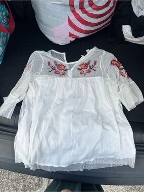 White Embroidered Floral Peasant Top - Women